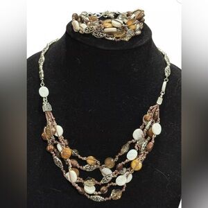 Brighton Riviera Brown & Silver, Abalone & Wooden Bead Necklace & Bracelet Set